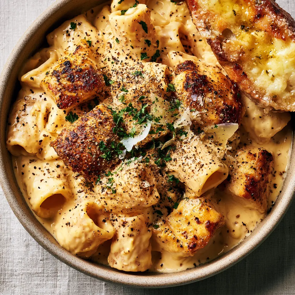 Velveeta Garlic Chicken Pasta: The Ultimate Creamy Comfort Food 2 Close-up of rigatoni pasta coated in a thick golden Velveeta cheese sauce with seared chicken and parsley. (Velveeta garlic chicken pasta)