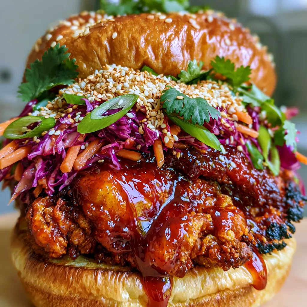 Korean BBQ Chicken Sandwich: The Ultimate Crispy Gochujang Glazed Burger 2 Extreme close-up of a Korean BBQ Chicken Sandwich showing the ultra-crispy texture and glossy red Gochujang sauce.