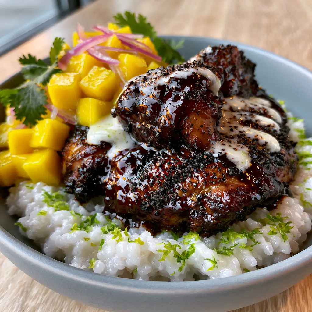 Jerk chicken bowl with Coconut Lime Rice and Mango Salsa 2 Close up of seared jerk chicken thighs with a dark mahogany glaze and red pepper flakes in a Jerk chicken bowl.