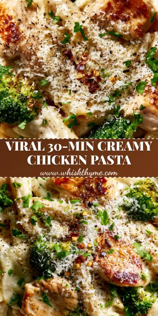 Chicken and Broccoli Penne Pasta with Garlic Cream Sauce 4 A tall Pinterest pin image showing a bowl of creamy Chicken and Broccoli Penne Pasta with vibrant green broccoli and golden chicken.