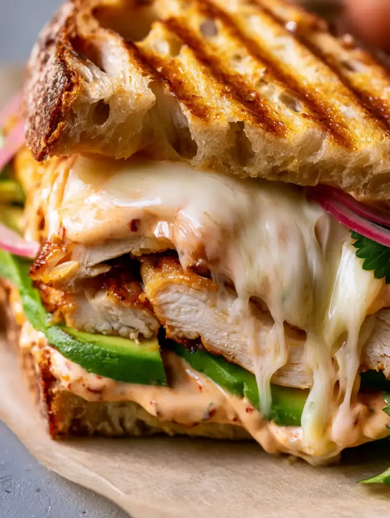 Close up of creamy chipotle mayo with red pepper flakes and vibrant green avocado slices inside a Chicken Avocado Melt Sandwich.