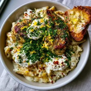 Close up of al dente penne coated in a velvety ivory-colored ricotta sauce with herb-crusted chicken medallions and bright parsley. (Creamy Ricotta Chicken Pasta)
