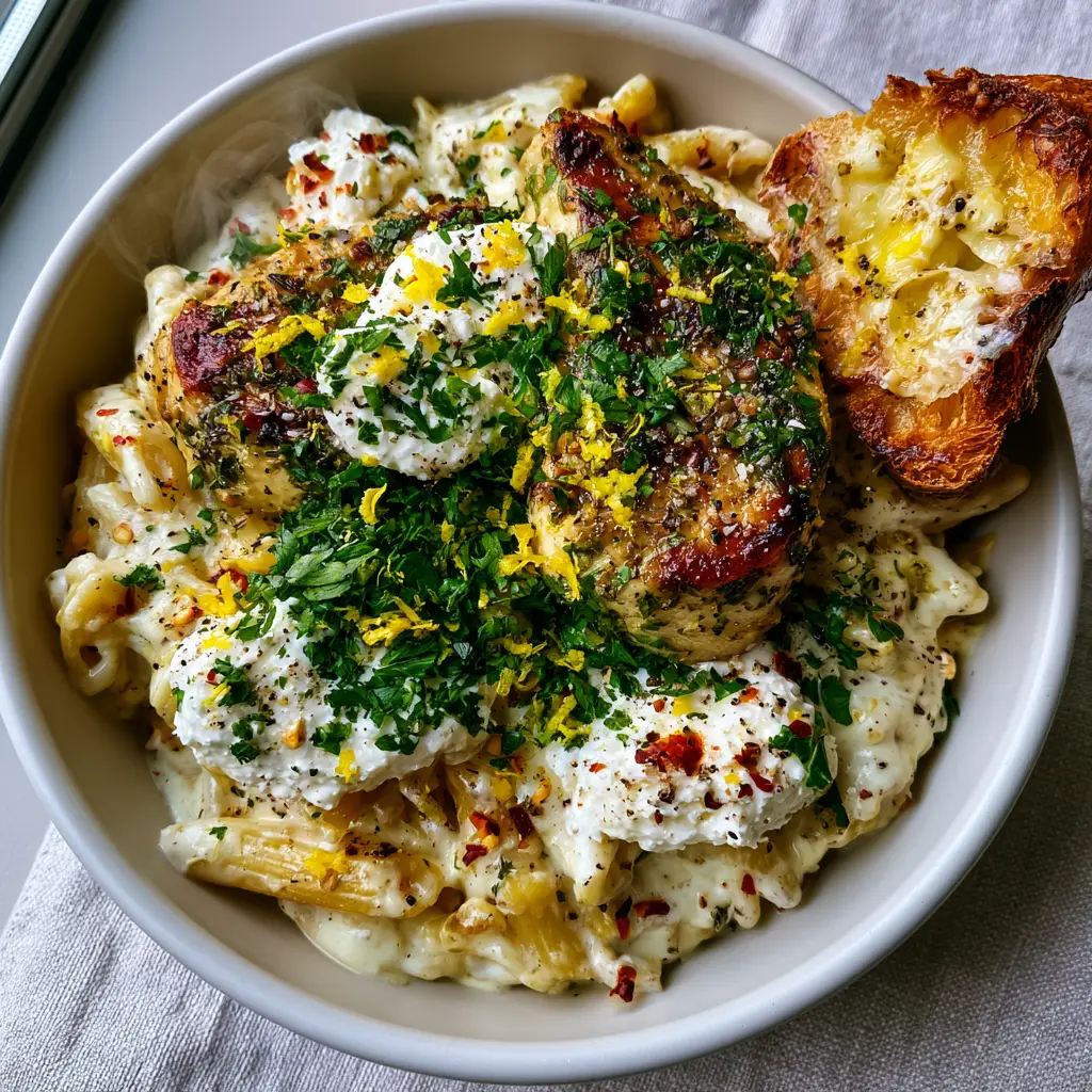 Creamy Ricotta Chicken Pasta with Lemon and Garlic 2 Close up of al dente penne coated in a velvety ivory-colored ricotta sauce with herb-crusted chicken medallions and bright parsley. (Creamy Ricotta Chicken Pasta)
