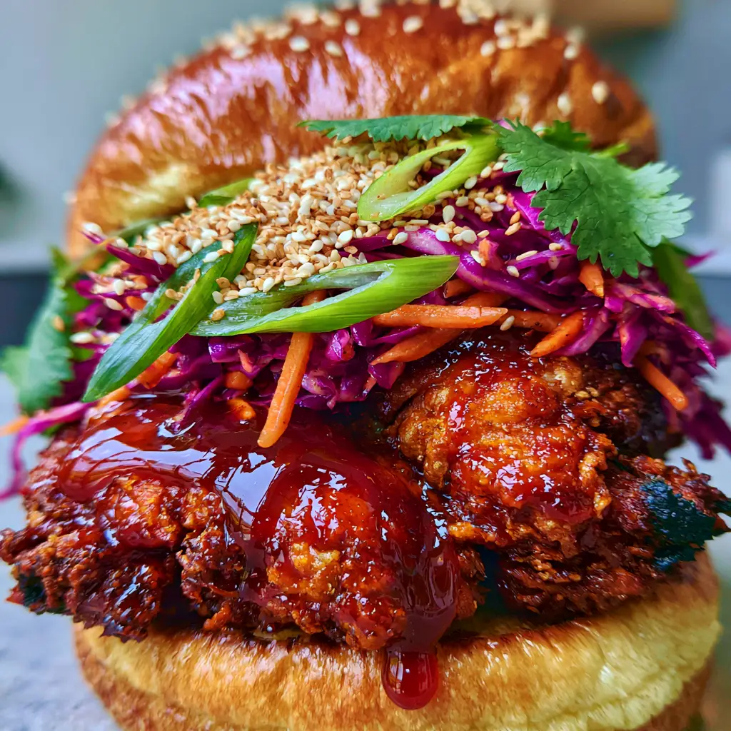 Korean BBQ Chicken Sandwich: The Ultimate Crispy Gochujang Glazed Burger 1 Handheld photo of a Korean BBQ Chicken Sandwich with vibrant purple cabbage slaw and cilantro garnish.
