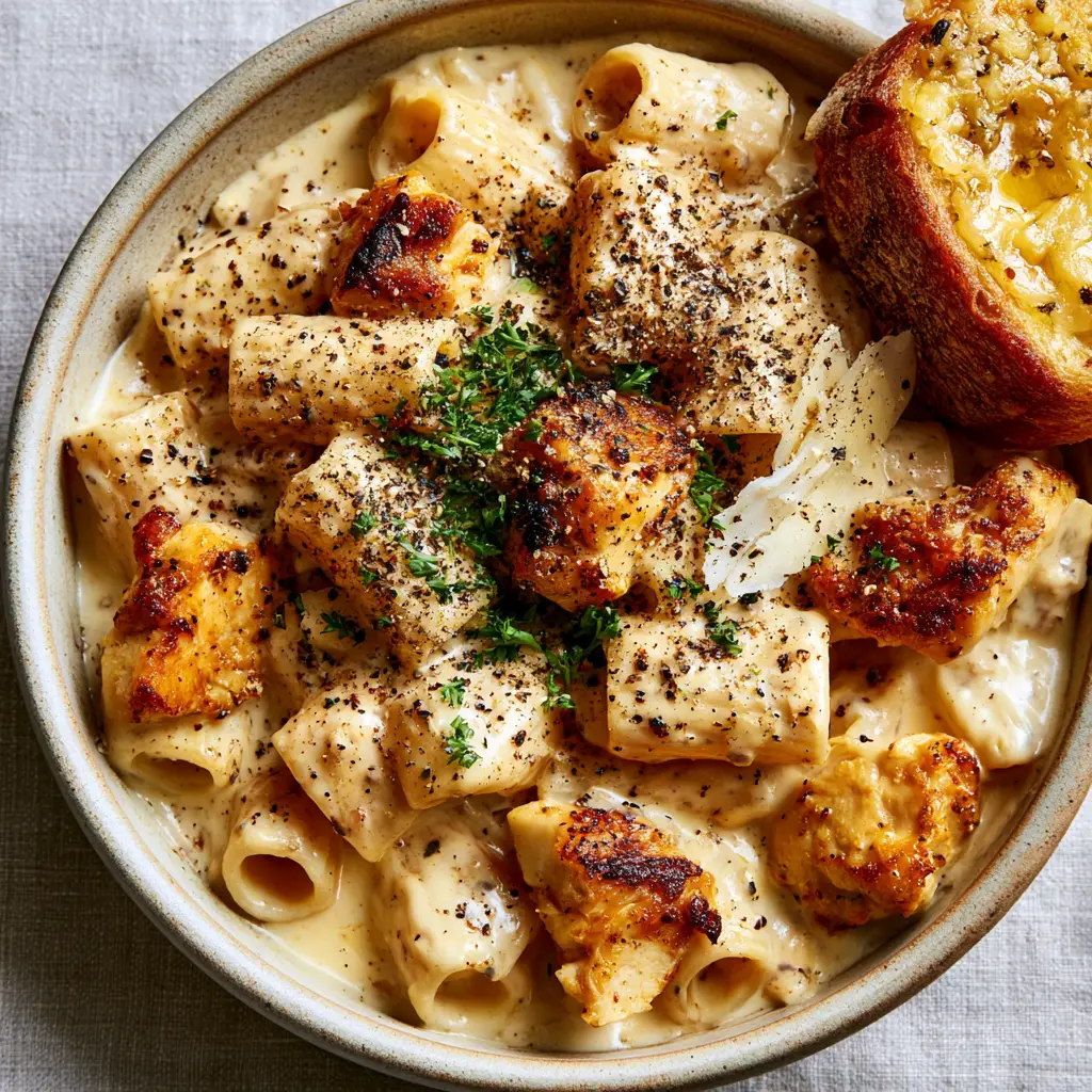 Velveeta Garlic Chicken Pasta: The Ultimate Creamy Comfort Food 1 Rustic bowl of Velveeta garlic chicken pasta showing steam vapors and crispy browned chicken edges.