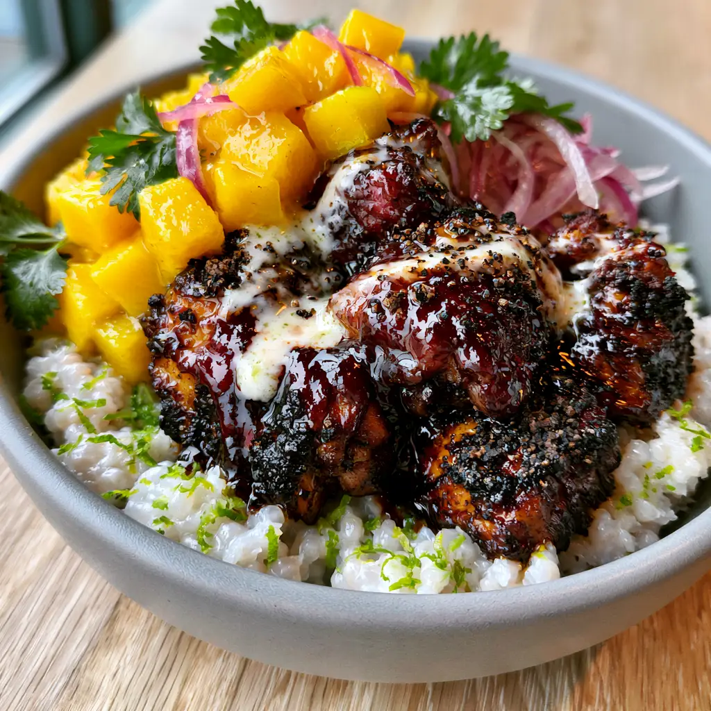 Jerk chicken bowl with Coconut Lime Rice and Mango Salsa 1 A top-down view of a Jerk chicken bowl showing the fluffy jasmine rice, bright green lime zest, and vibrant neon-yellow mango cubes.
