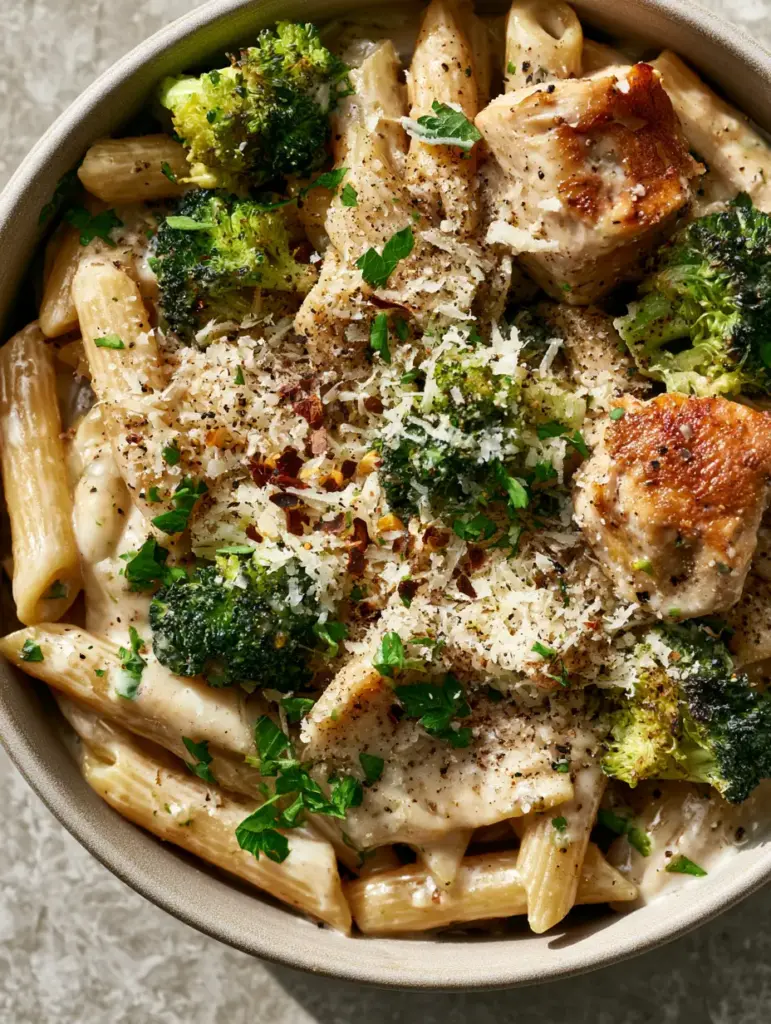 Chicken and Broccoli Penne Pasta with Garlic Cream Sauce 2 Extreme close-up overhead shot of Chicken and Broccoli Penne Pasta in a matte bowl with thick garlic cream sauce and microplaned parmesan.