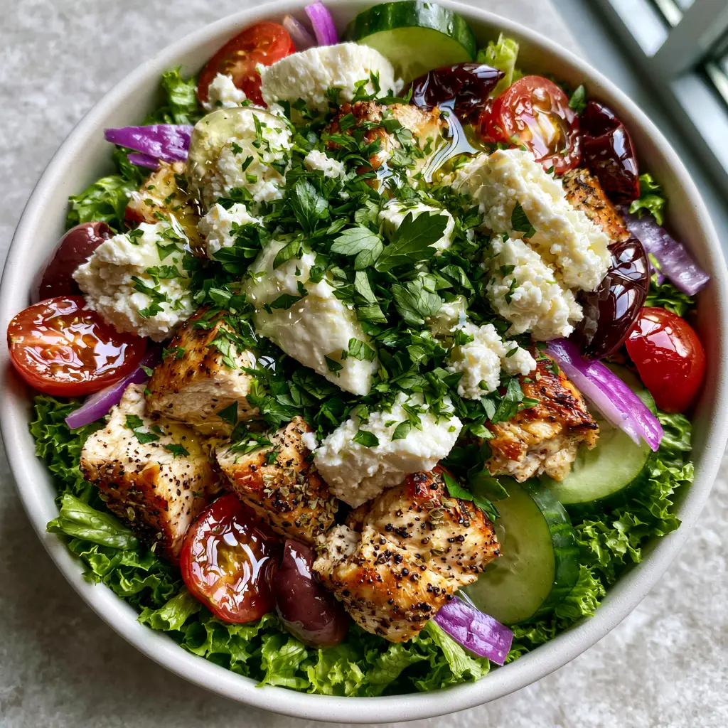 Top-down view of Greek chicken salad showing juicy cherry tomatoes and crunchy cucumbers. (Greek chicken salad)
