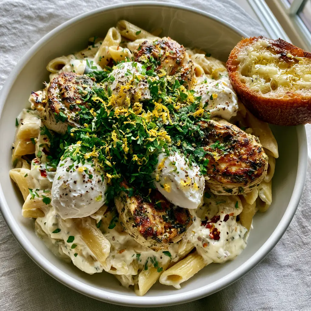 Creamy Ricotta Chicken Pasta with Lemon and Garlic 1 A top-down shot of the finished Creamy Ricotta Chicken Pasta showing the snowy white dollops of fresh ricotta and the garlic sourdough bread side.