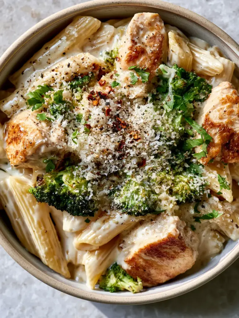 Chicken and Broccoli Penne Pasta with Garlic Cream Sauce 1 Handheld smartphone style photo of creamy penne pasta with golden seared chicken and emerald broccoli.