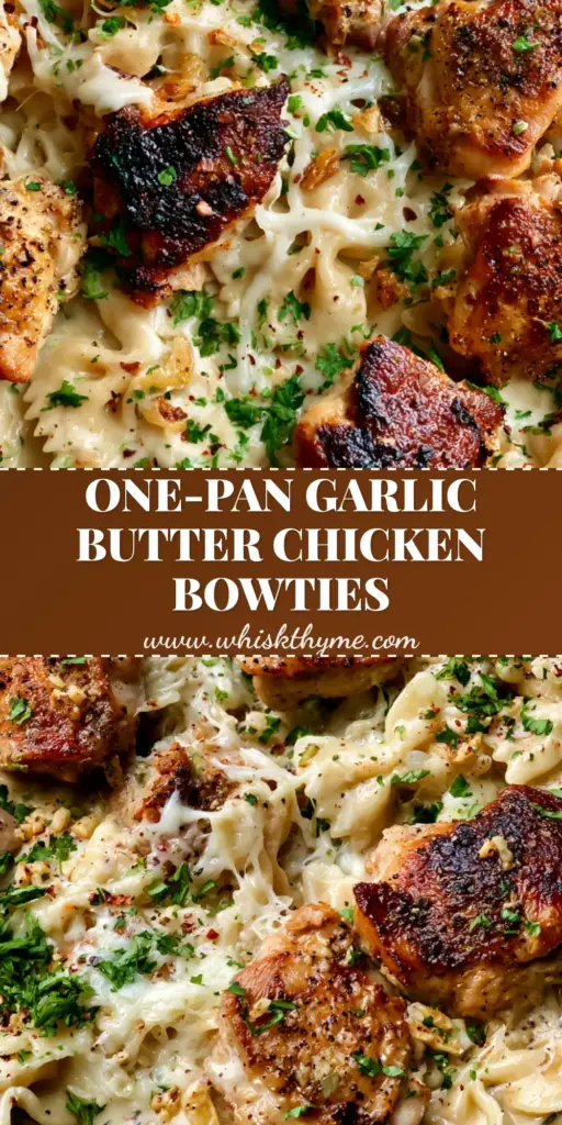 Garlic butter chicken bowties: The Ultimate Creamy 30-Minute Dinner 4 A top-down view of Garlic butter chicken bowties in a cast iron skillet with heavy parsley garnish and red pepper flakes.