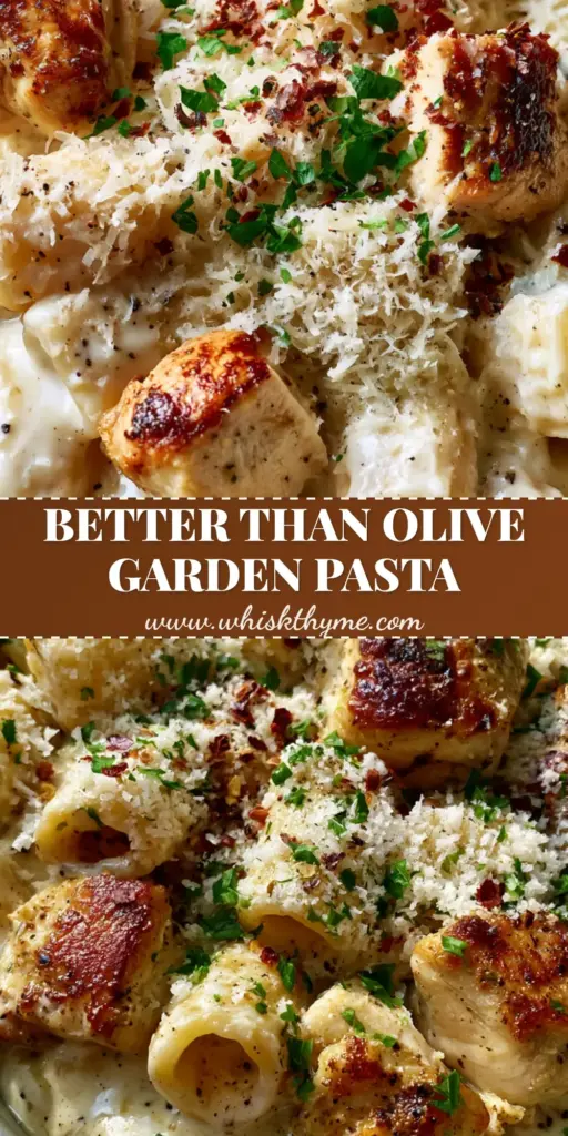 chicken pasta with Garlic Cream Sauce and Golden Seared Chicken 4 A shallow matte ceramic bowl filled with creamy chicken pasta rigatoni, topped with fluffy parmesan, parsley, and red pepper flakes.