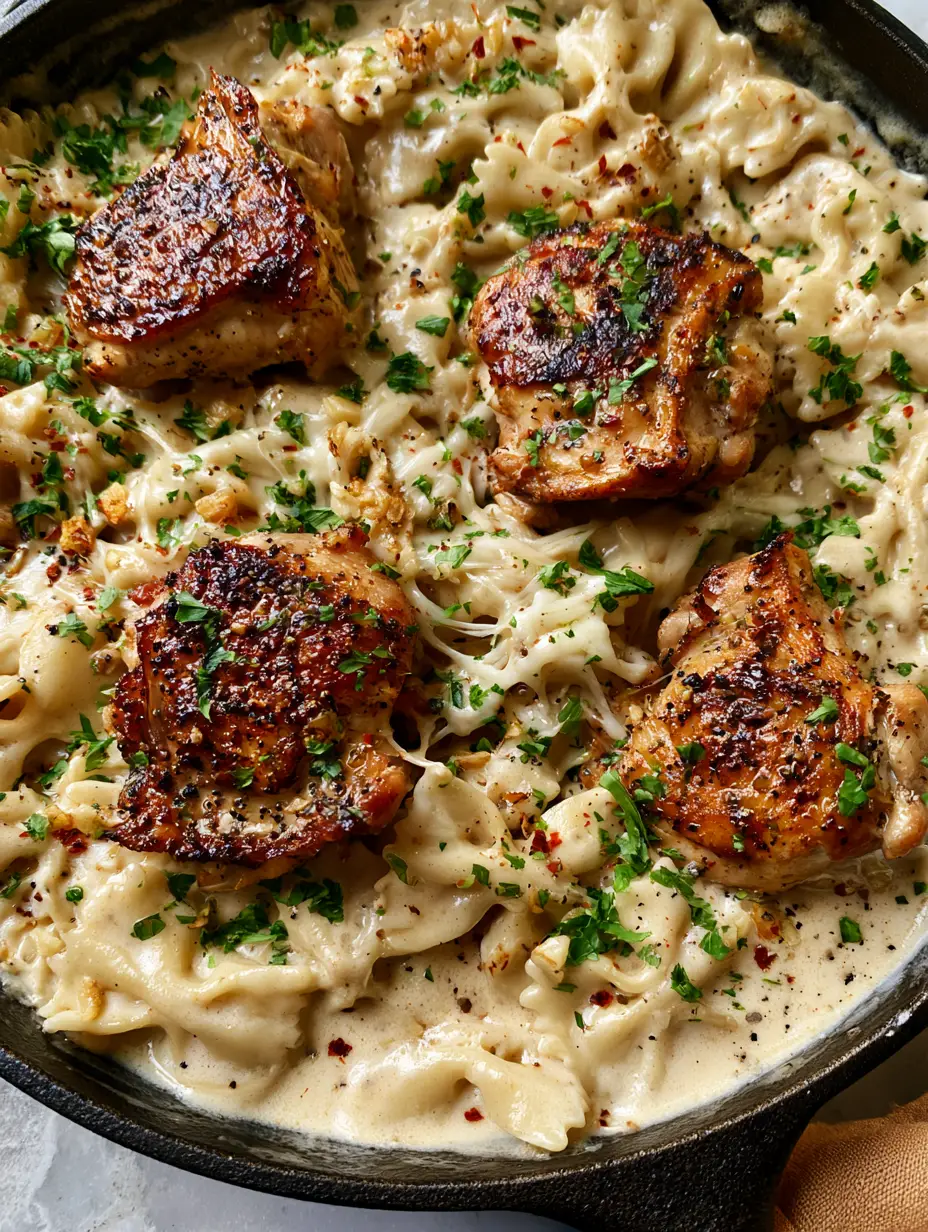 Garlic butter chicken bowties: The Ultimate Creamy 30-Minute Dinner 3 Creamy ivory sauce glistening over al dente farfalle pasta and seared chicken chunks in a skillet. (Garlic butter chicken bowties)