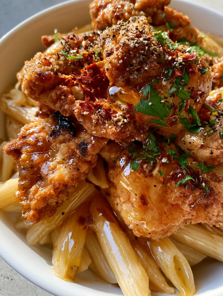 Honey Pepper Chicken Pasta with Crispy Breaded Chicken 4 Top-down extreme close-up of honey pepper chicken pasta with visible red chili flakes and coarse black pepper. (honey pepper chicken pasta)
