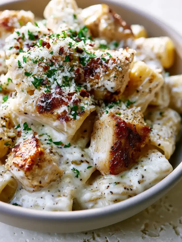 chicken pasta with Garlic Cream Sauce and Golden Seared Chicken 2 Close-up of golden seared chicken chunks and al dente rigatoni in a glossy garlic cream sauce. (chicken pasta)