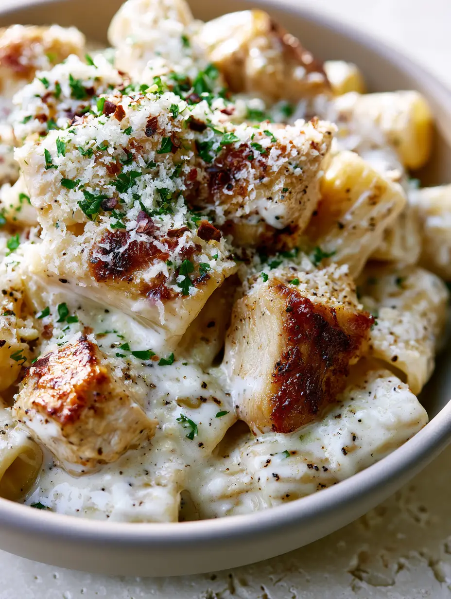 chicken pasta with Garlic Cream Sauce and Golden Seared Chicken 3 Close-up of golden seared chicken chunks and al dente rigatoni in a glossy garlic cream sauce. (chicken pasta)