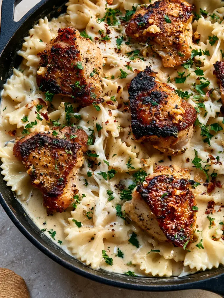 Garlic butter chicken bowties: The Ultimate Creamy 30-Minute Dinner 1 Close up of melted mozzarella cheese pulls between bowtie pasta and garlic bits. (Garlic butter chicken bowties)