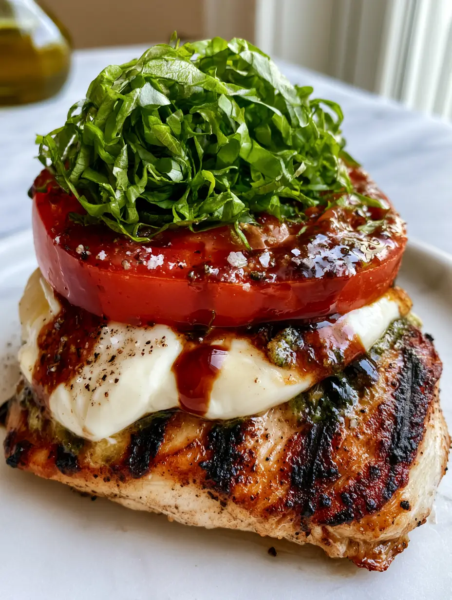 Extreme macro of Grilled Chicken Caprese showing charred grill marks and glossy balsamic drizzle.