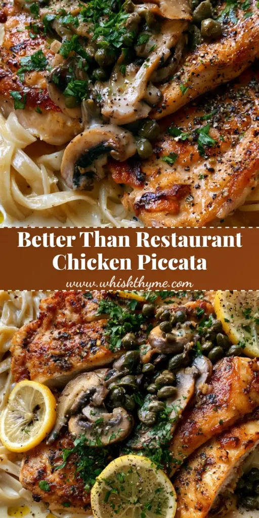 A top-down view of a cast iron skillet filled with Chicken Piccata with Mushroom Pasta, featuring golden chicken, lemon wheels, and capers.