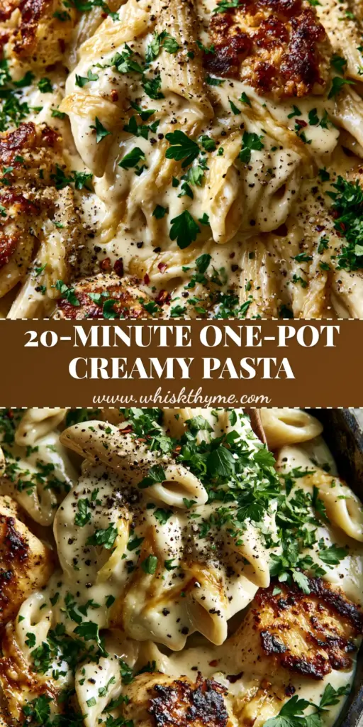 Garlic Parmesan chicken penne with Crispy Seared Chicken 3 A rustic black cast iron skillet filled with Garlic Parmesan chicken penne, featuring golden-brown chicken chunks and a glossy ivory sauce.