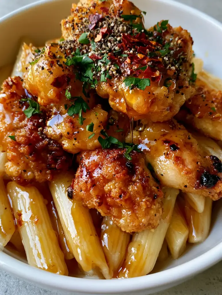 Honey Pepper Chicken Pasta with Crispy Breaded Chicken 1 Detailed shot of crispy breaded chicken chunks and penne pasta coated in an amber honey pepper glaze.