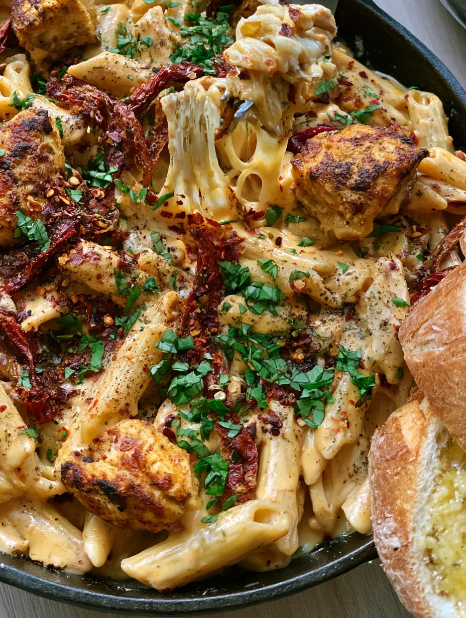Chicken Mozzarella Pasta with Sun-Dried Tomatoes 4 Top-down view of Chicken Mozzarella Pasta with sun-dried tomatoes and golden chicken in a black skillet.