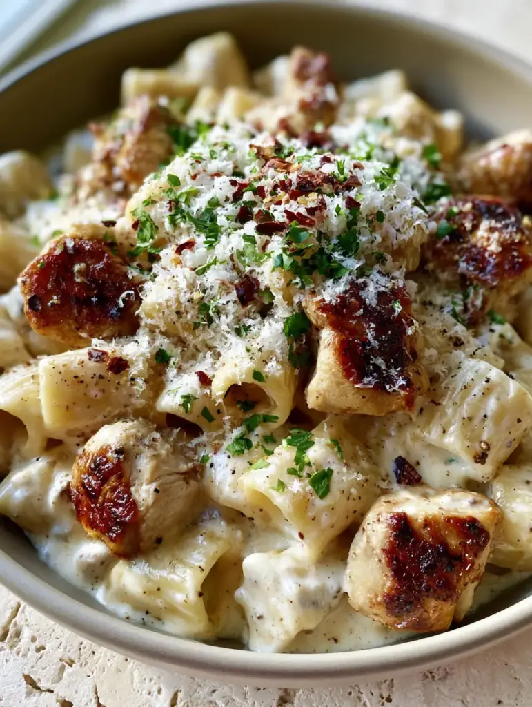 chicken pasta with Garlic Cream Sauce and Golden Seared Chicken 1 Overhead view of rigatoni chicken pasta heavily coated in white garlic cream sauce with visible black pepper flecks.