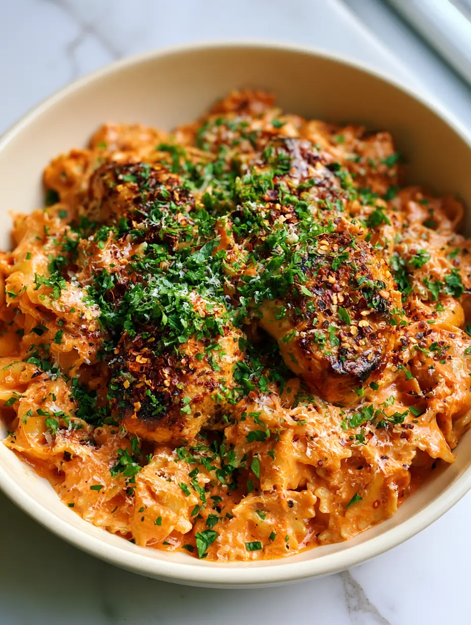 Parmesan Red Pepper Chicken Bowties With Creamy Roasted Sauce 4 Overhead shot of Parmesan Red Pepper Chicken Bowties showing glistening coral sauce and golden-brown chicken.