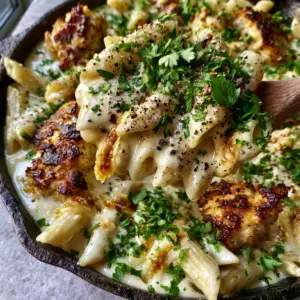 Extreme close-up of Garlic Parmesan chicken penne showcasing melted parmesan ribbons and crispy seared chicken breast.
