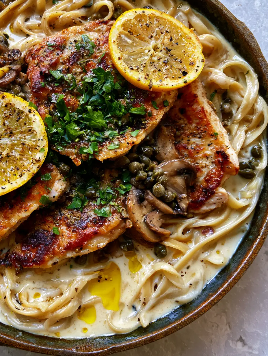 Extreme close-up of glossy fettuccine noodles in a pale ivory lemon cream sauce with sautéed mushrooms and seared chicken. (Chicken Piccata with Mushroom Pasta)