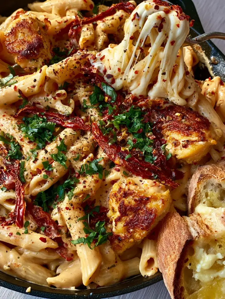 Chicken Mozzarella Pasta with Sun-Dried Tomatoes 1 Close-up of thick garlic butter cream sauce coating penne pasta and chicken chunks with fresh basil garnish.