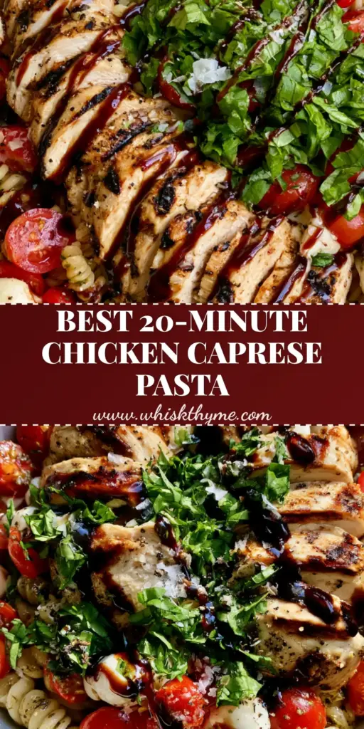 A top-down view of grilled chicken caprese pasta salad featuring rotini, charred chicken breast, mozzarella pearls, and a balsamic zigzag drizzle in a white bowl.