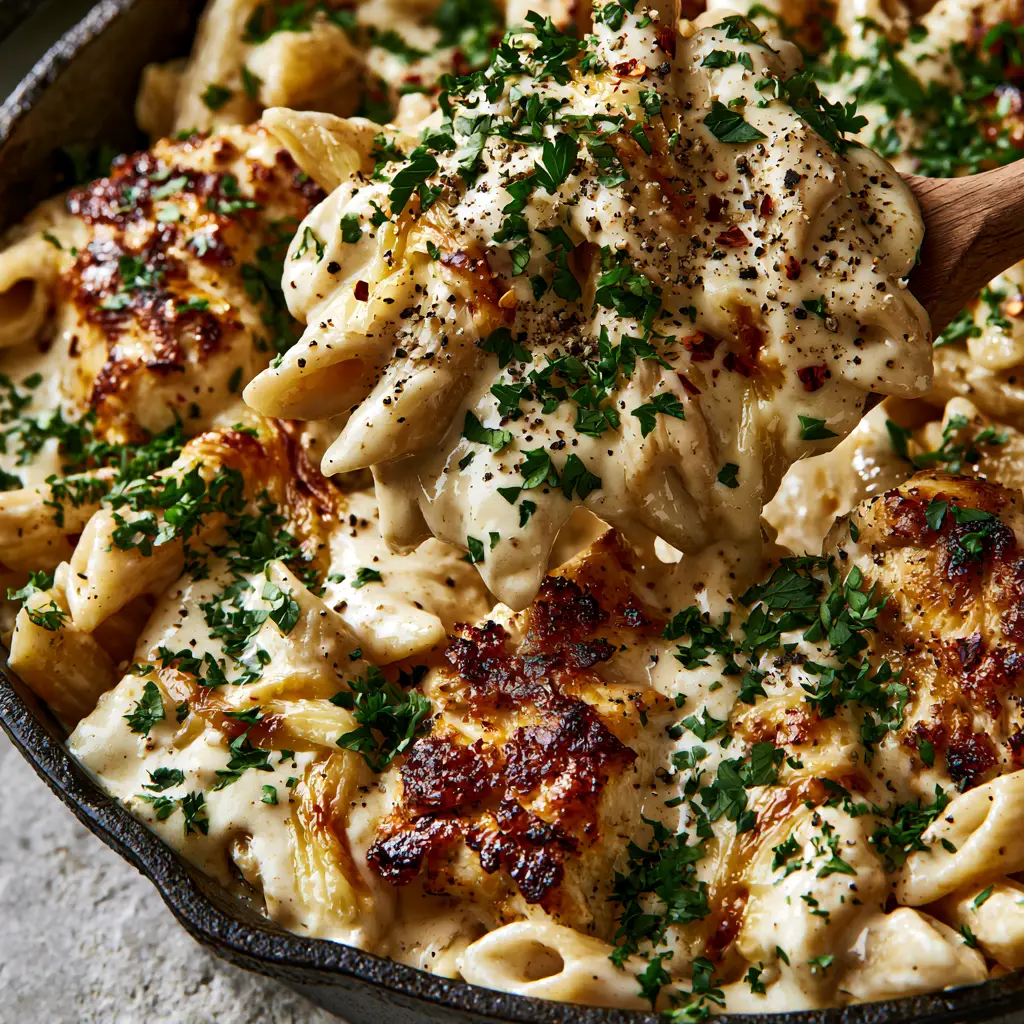 Garlic Parmesan chicken penne with Crispy Seared Chicken 1 A wooden spoon lifting a heap of Garlic Parmesan chicken penne from a black cast iron skillet.