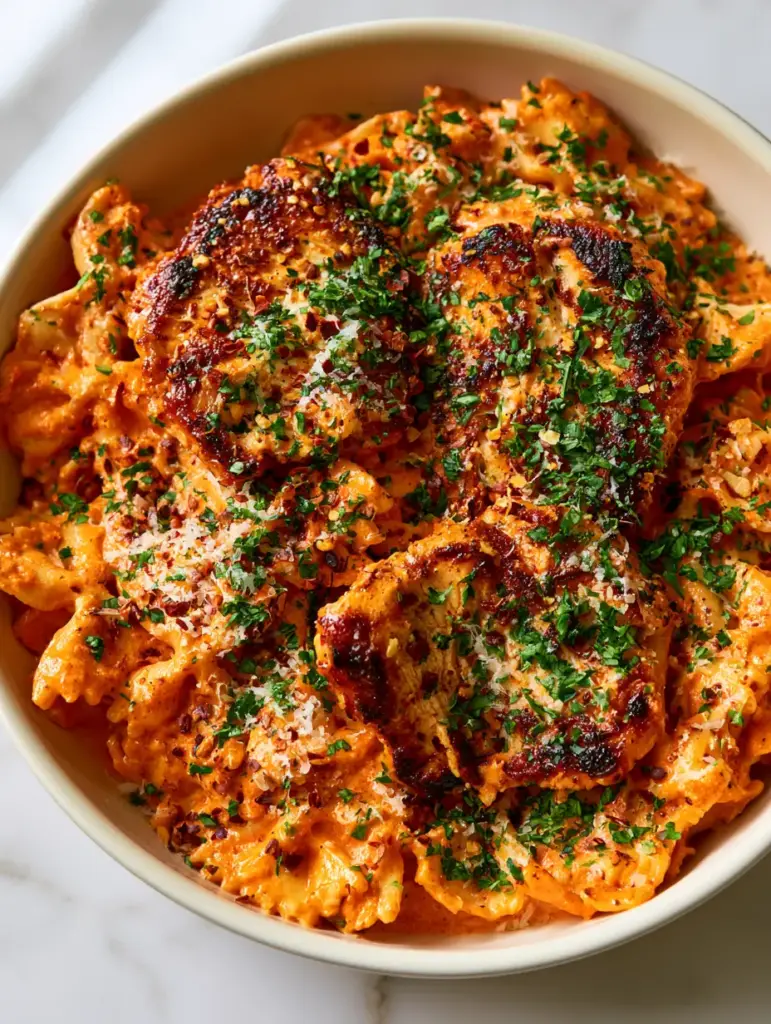 Parmesan Red Pepper Chicken Bowties With Creamy Roasted Sauce 1 Close-up detail of seared chicken medallions on top of Parmesan Red Pepper Chicken Bowties with micro-planed cheese.