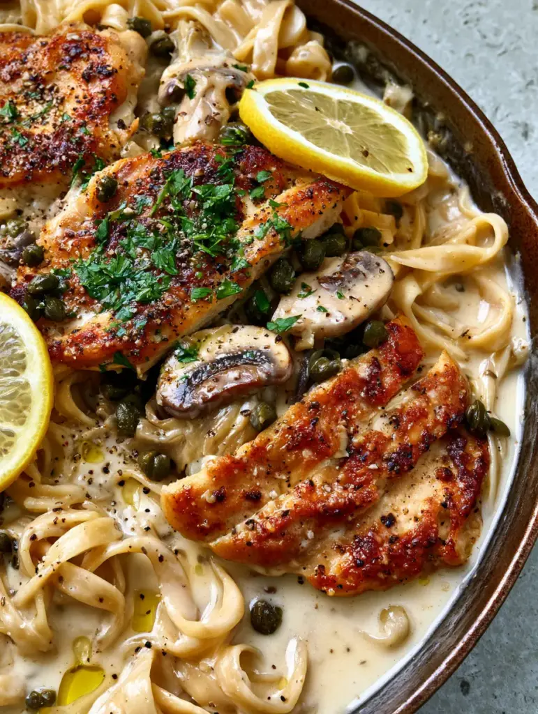 Rustic cast iron skillet featuring golden seared chicken cutlets, cremini mushrooms, and green capers over pasta.