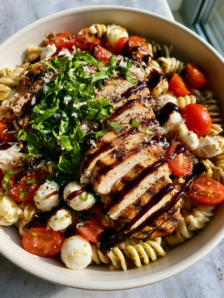 Close-up overhead shot of grilled chicken caprese pasta salad with glossy balsamic glaze and fresh basil chiffonade.