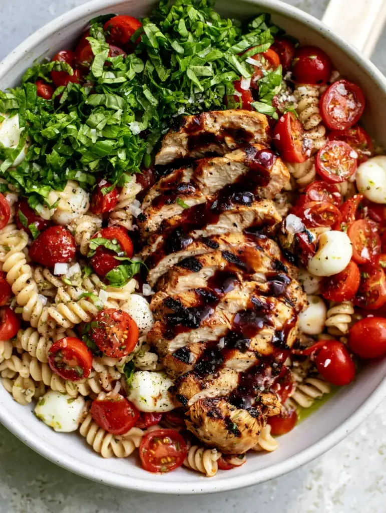Artistic zigzag balsamic drizzle over grilled chicken caprese pasta salad with mini mozzarella pearls.