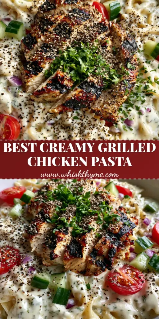 Grilled Chicken Bow Tie Pasta Salad with Creamy Herb Dressing 4 A tall Pinterest pin showing a creamy Grilled Chicken Bow Tie Pasta Salad with charred chicken slices and fresh vegetables in a white bowl.