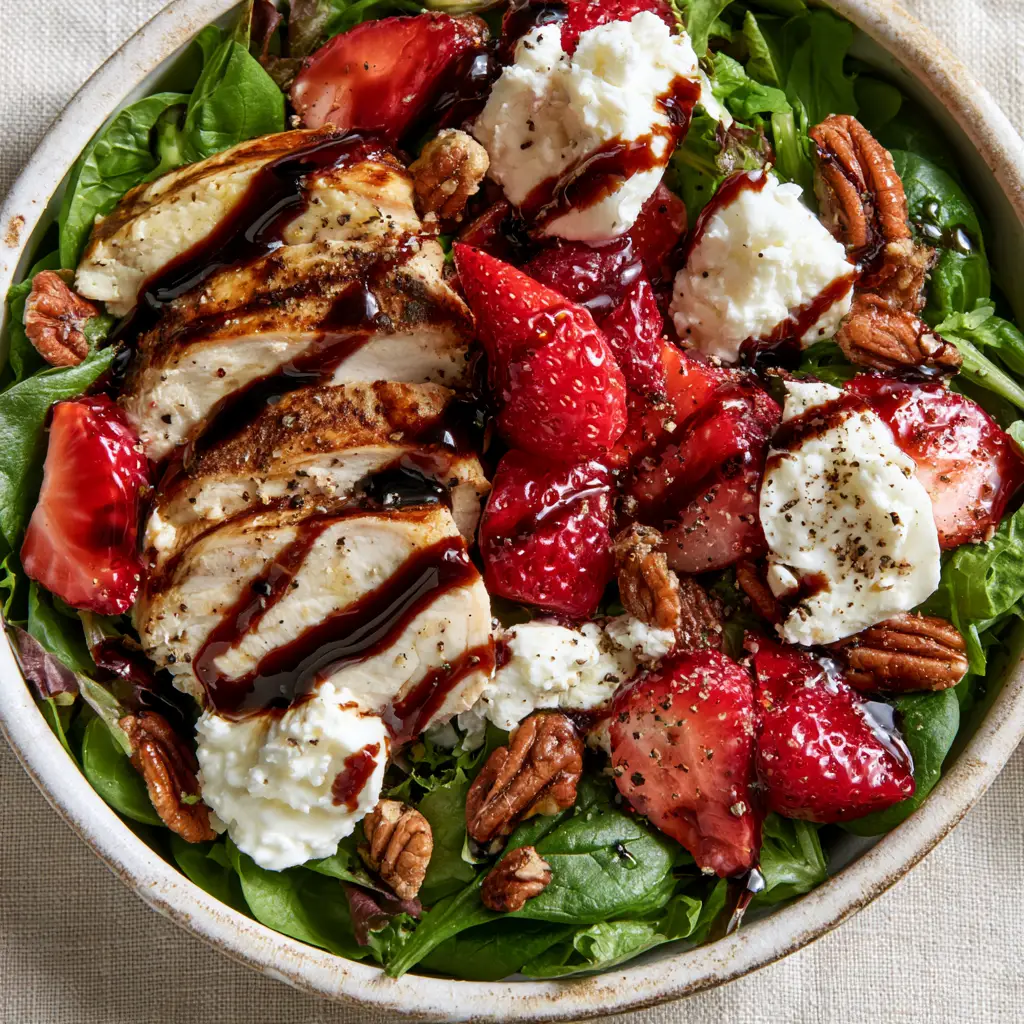 Strawberry Balsamic Chicken Salad with Goat Cheese and Pecans 2 Close up of grilled chicken with char marks on a bed of spinach in a strawberry balsamic chicken salad.