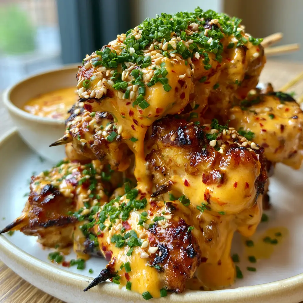 Extreme close-up of charred chicken thigh pieces on skewers with vibrant orange creamy sauce and red chili flakes.