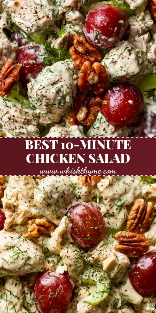 Chicken Salad With Grapes: The Ultimate Creamy Roasted Version 4 A vertical shot of creamy chicken salad with grapes, toasted pecans, and fresh dill in a white bowl, perfect for Pinterest.