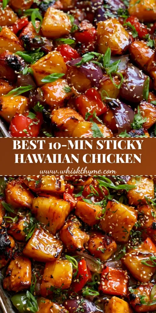 Gluten-free Hawaiian Chicken: The Ultimate Sticky One-Pan Dinner 4 A vertical Pinterest pin showing Gluten-free Hawaiian Chicken in a dark metal pan with a thick amber glaze, sesame seeds, and scallions.