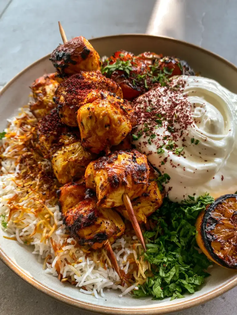 A full ceramic platter of Middle Eastern chicken skewers garnished with sumac, parsley, and blistered cherry tomatoes.