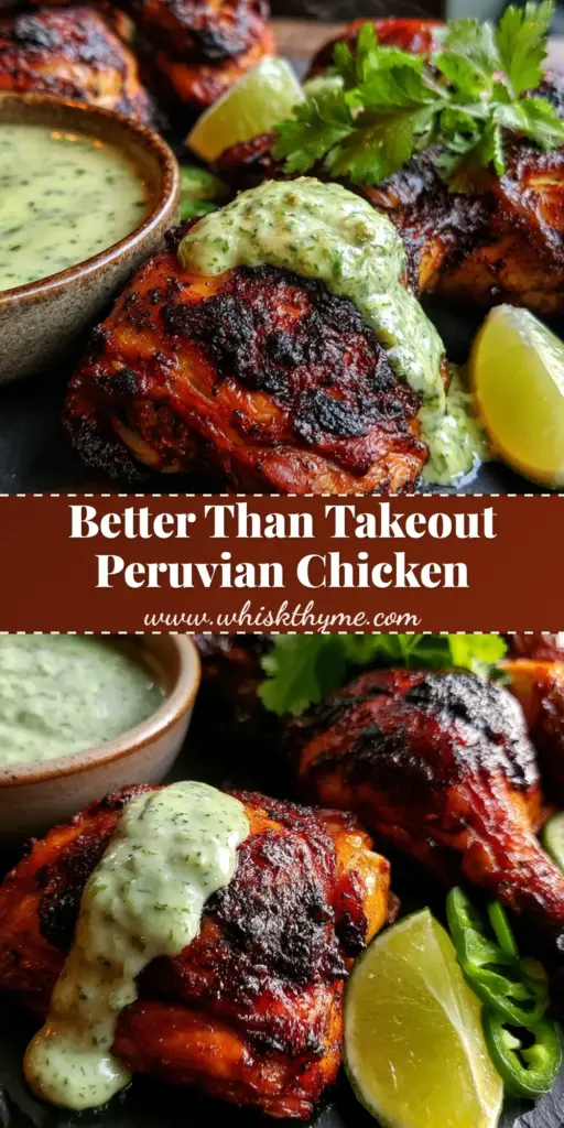 A rustic platter of Peruvian Chicken with crispy mahogany skin, charred marks, and a bowl of creamy Aji Verde sauce.