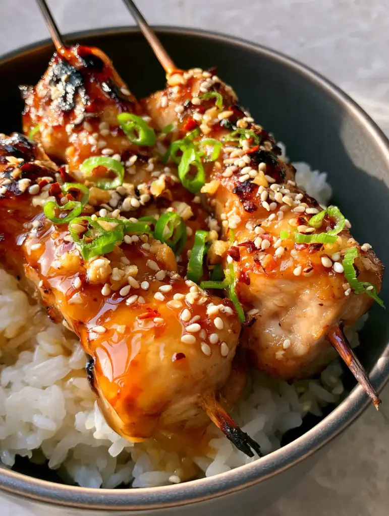 Honey garlic chicken skewers resting on steaming white jasmine rice with scallions and chili flakes.