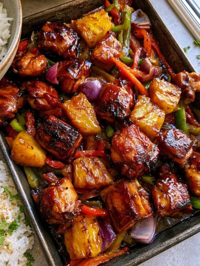 Extreme close-up of seared chicken thigh chunks in a dark amber teriyaki glaze on a rustic sheet pan. (Hawaiian Chicken with Coconut Rice)