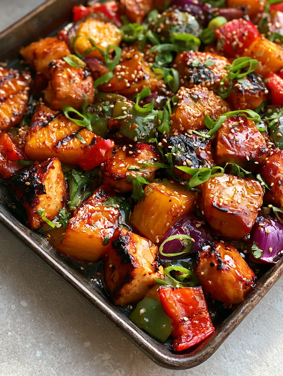 Gluten-free Hawaiian Chicken: The Ultimate Sticky One-Pan Dinner 3 Top-down shot of Gluten-free Hawaiian Chicken with seared chicken breast chunks, blistered peppers, and a glowing amber-gold glaze.