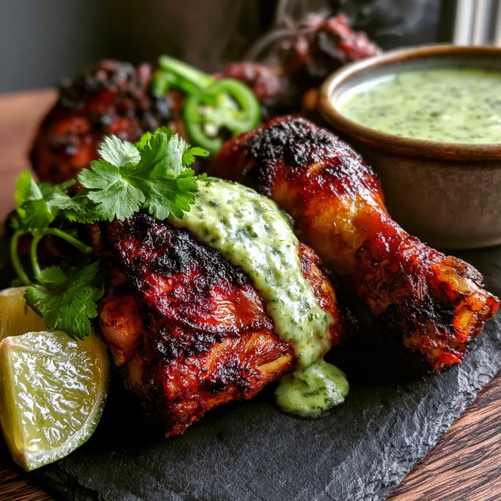 Close-up of roasted Peruvian Chicken drumsticks showing glistening mahogany-brown skin and spice rub char marks.