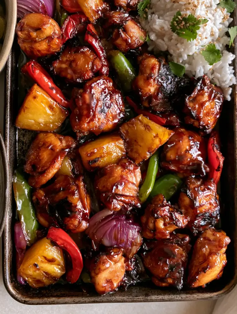 Hawaiian Chicken with Coconut Rice: The Ultimate Sheet Pan Dinner 1 A close-up of pearlescent white coconut rice topped with cilantro and sesame seeds next to caramelized pineapple. (Hawaiian Chicken with Coconut Rice)