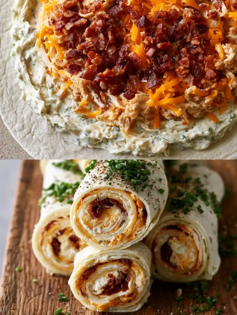 Close up assembly of crack chicken pinwheels showing the thick cream cheese and ranch spread.